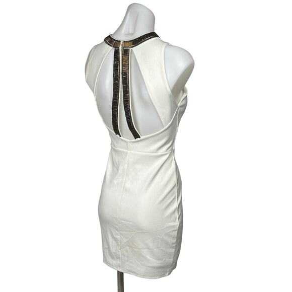 H&M White Gold Beaded Neck Formal Cocktail Bodycon Sheath Mini Dress Size S - Picture 2 of 8